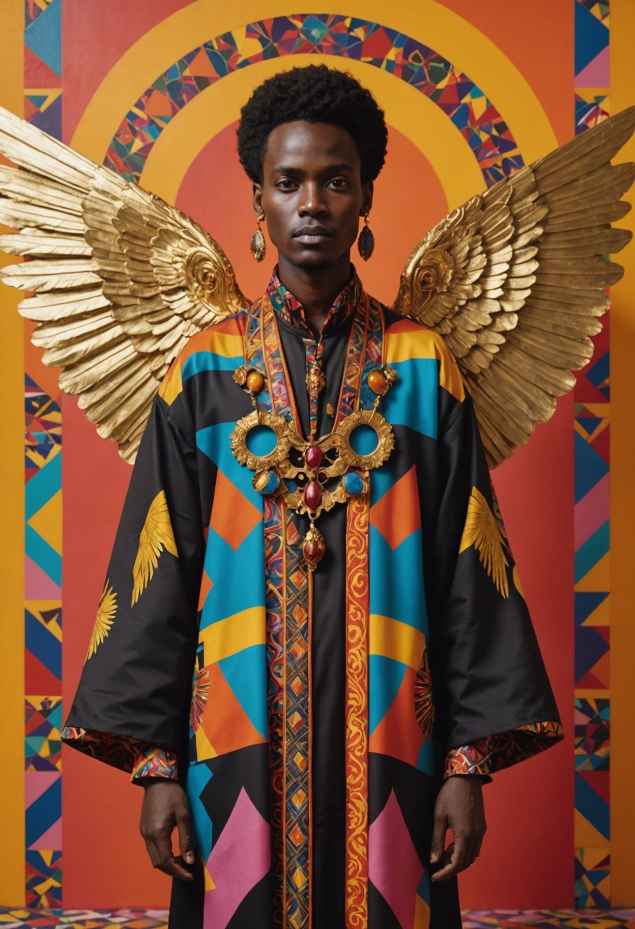 Surreal Fashion Icon in Vibrant, Abstract Background