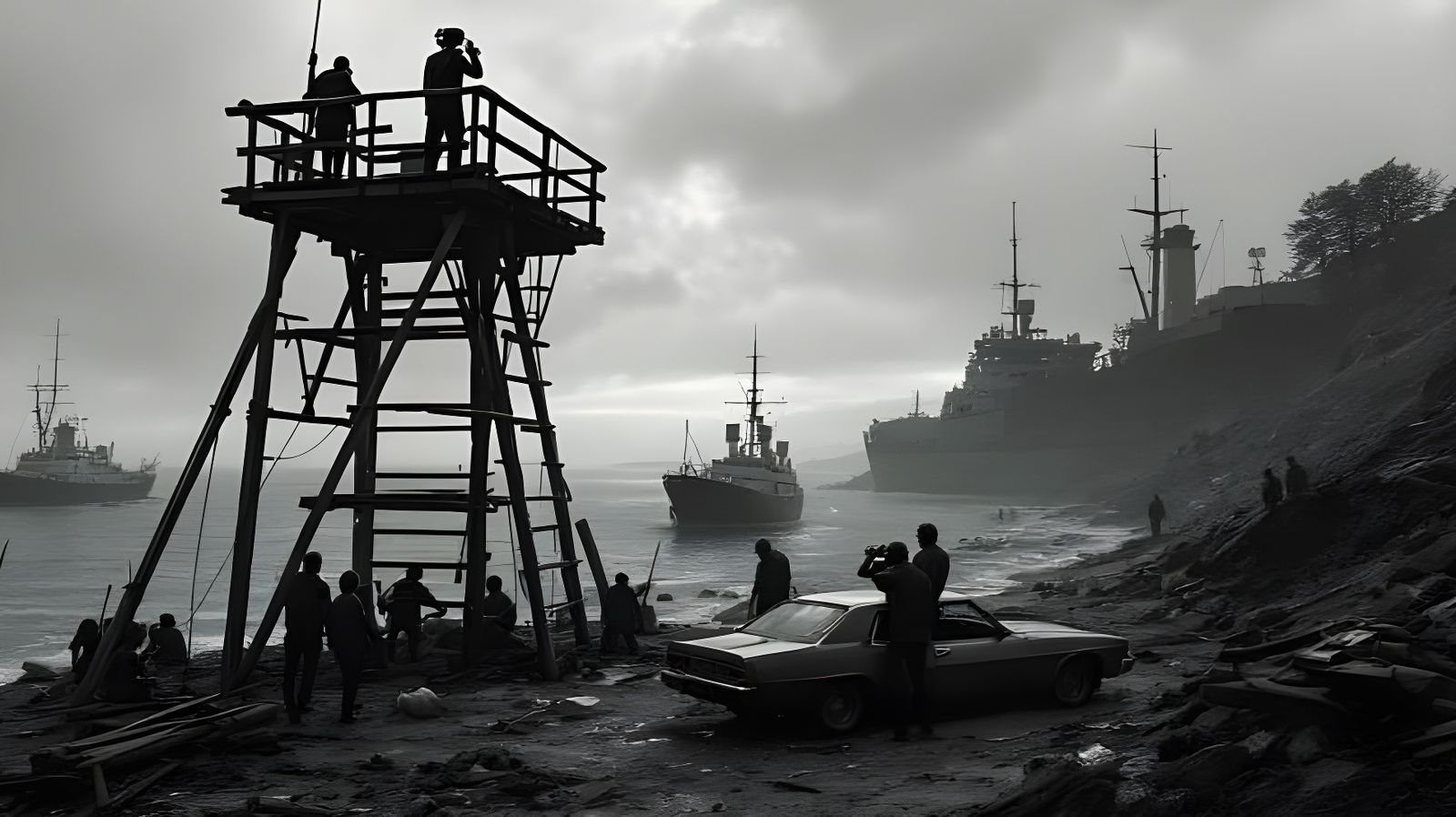 Post-Apocalyptic Lookout Scans Bay in Moody Black and White