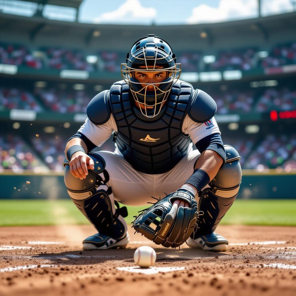 Baseball Catcher Ready for Action on Dusty Diamond