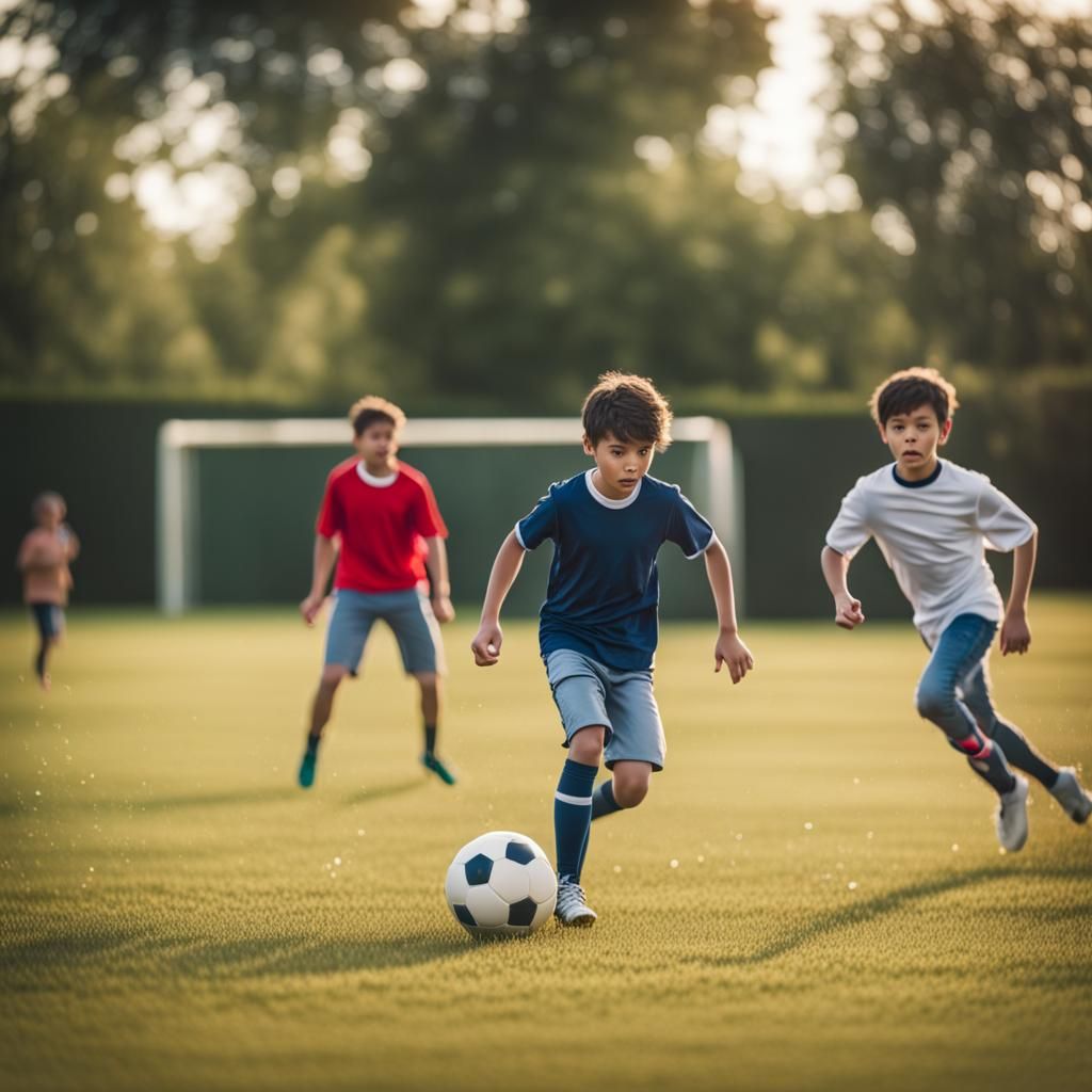 Children Play Football in AI Field: Professional Photography