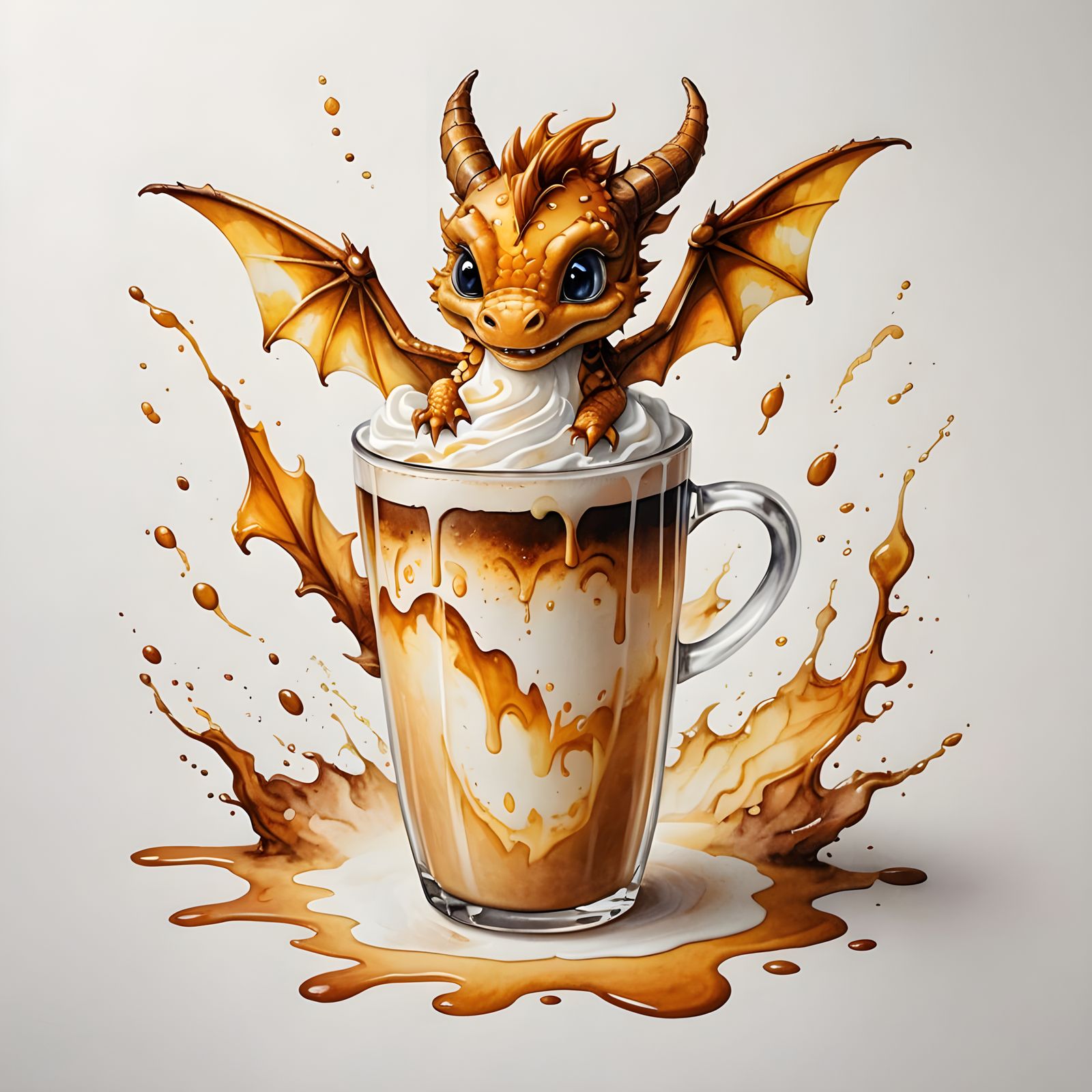 Latte Art: Baby Dragon Watercolor Illustration