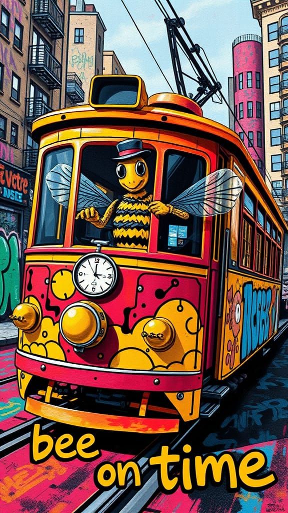 Vibrant Graffiti Cityscape with Bee Train Driver