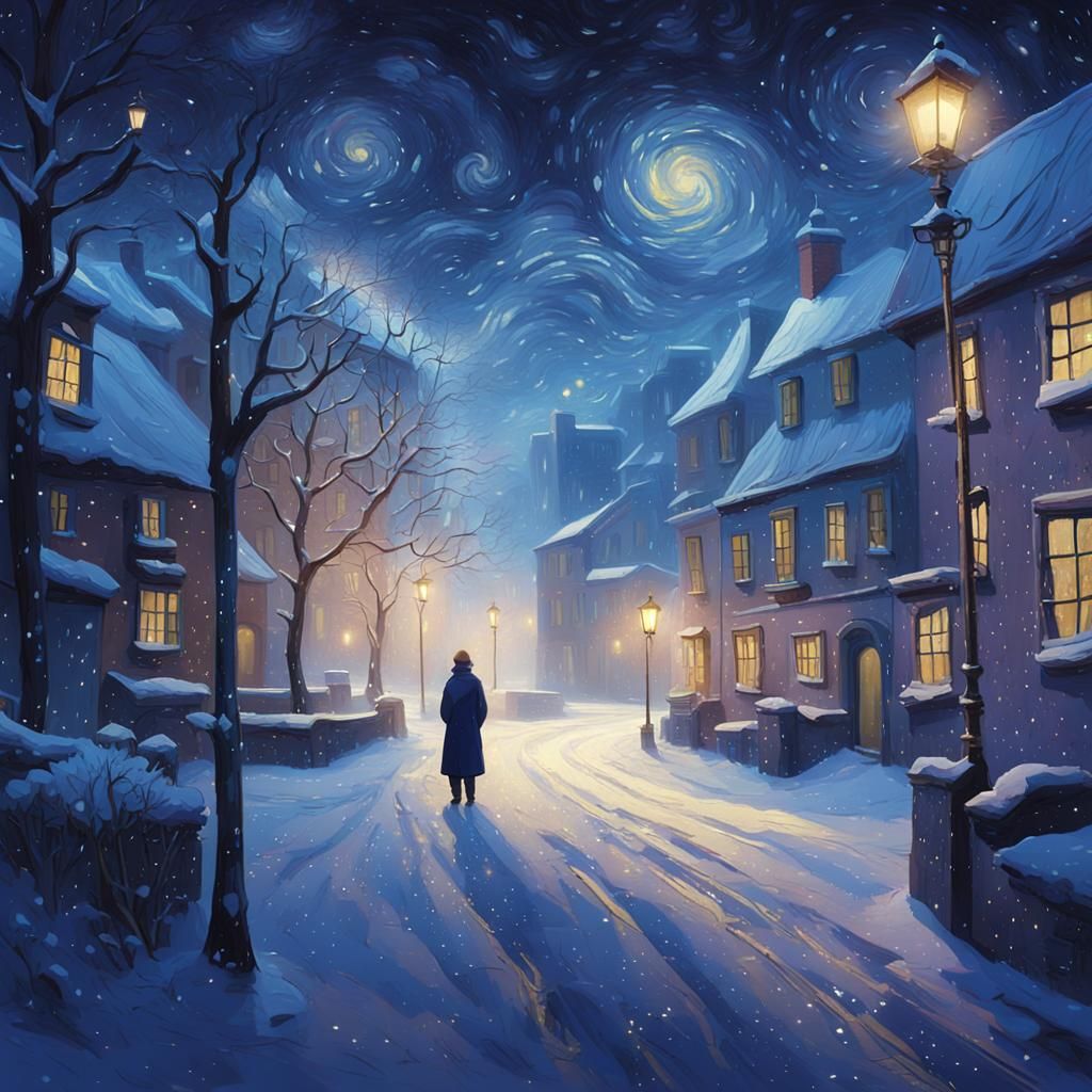 Winter Night Village Square in Van Gogh Style