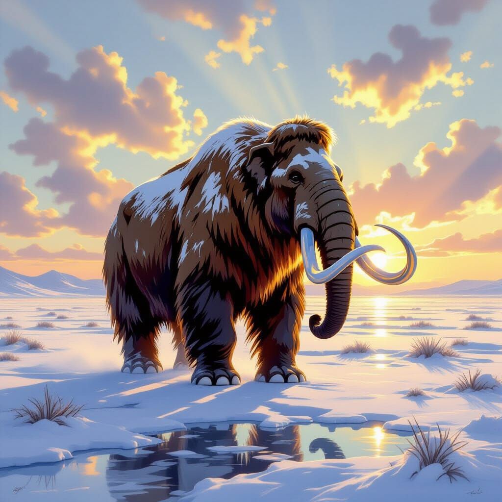 Woolly Mammoth on Ice-Glazed Tundra in Luminism Style