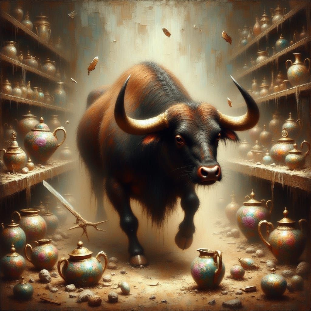 Bull Charges Through Ornate China Shop in Dramatic Style