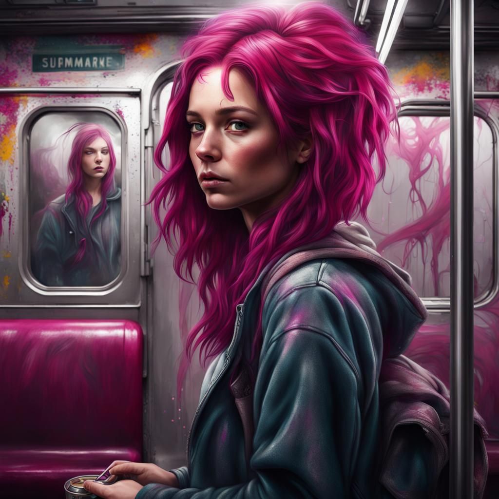Magenta-Haired Graffiti Artist in Subway, Digital Painting