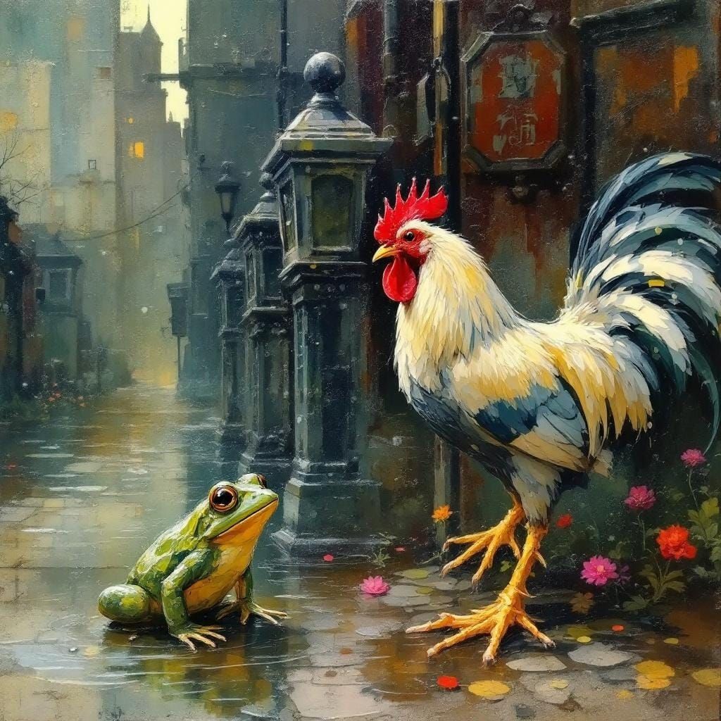 Rooster and Frog in Impressionist Wax Style