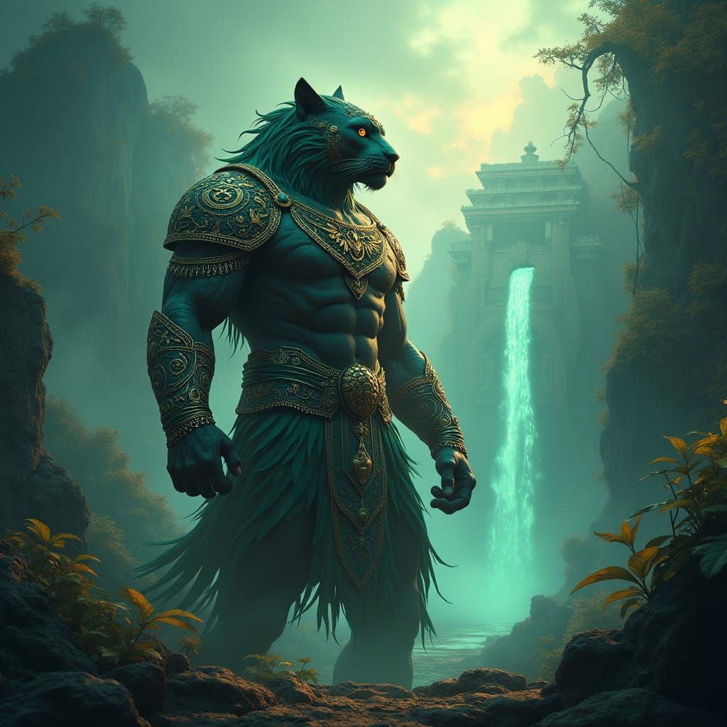 Majestic Aztec God Tezcatlipoca in Mystical Jungle Realm