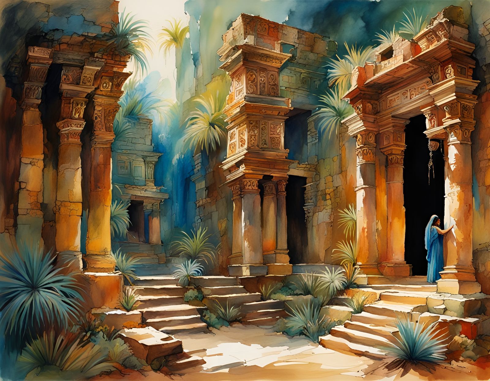 Aztec Ruins in Loose Watercolor Style