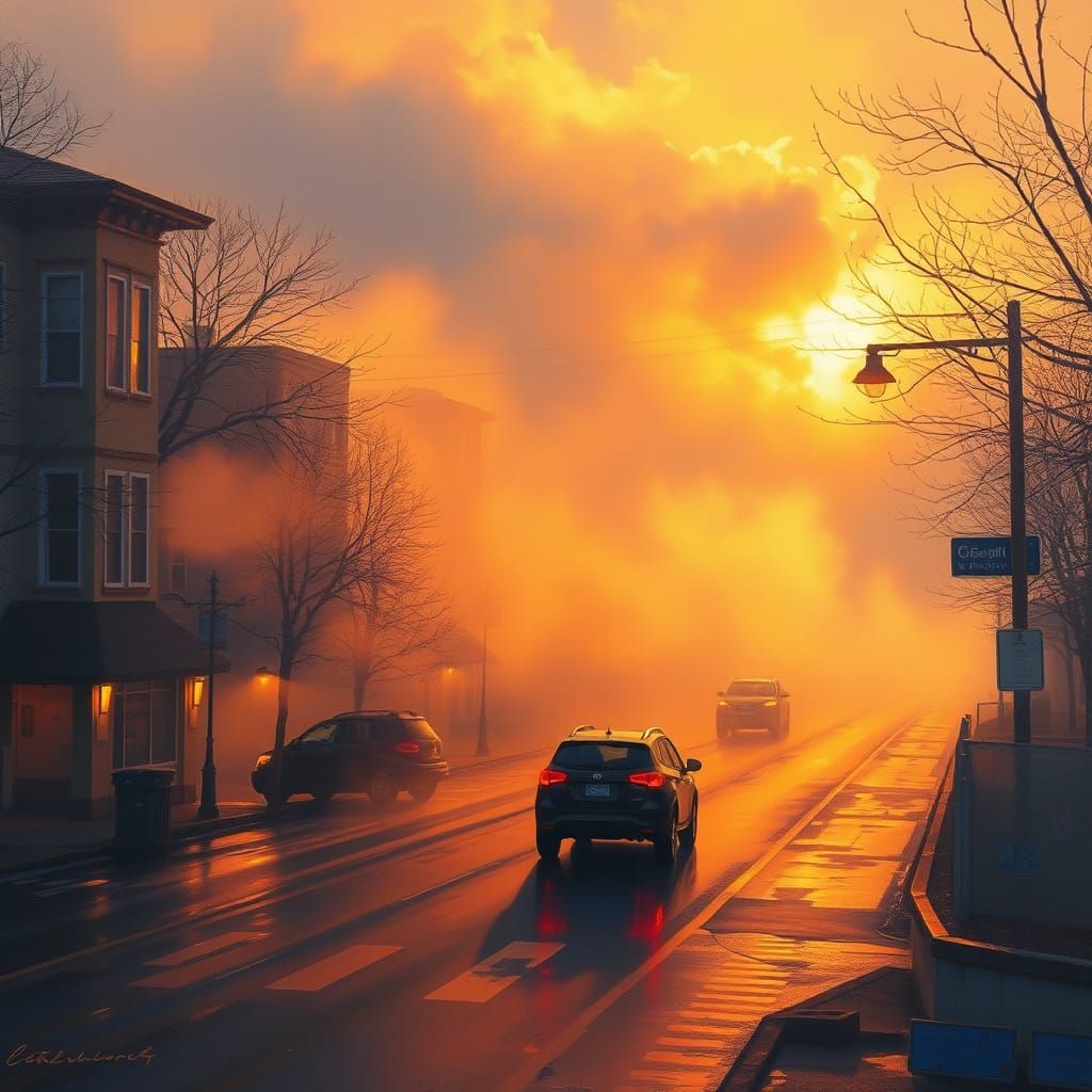 Golden Hour Fog Descends on Deserted Streets in a Dreamy, Vi...