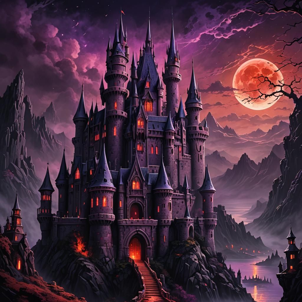 Ominous Dark Fantasy Castle with Purple Aura