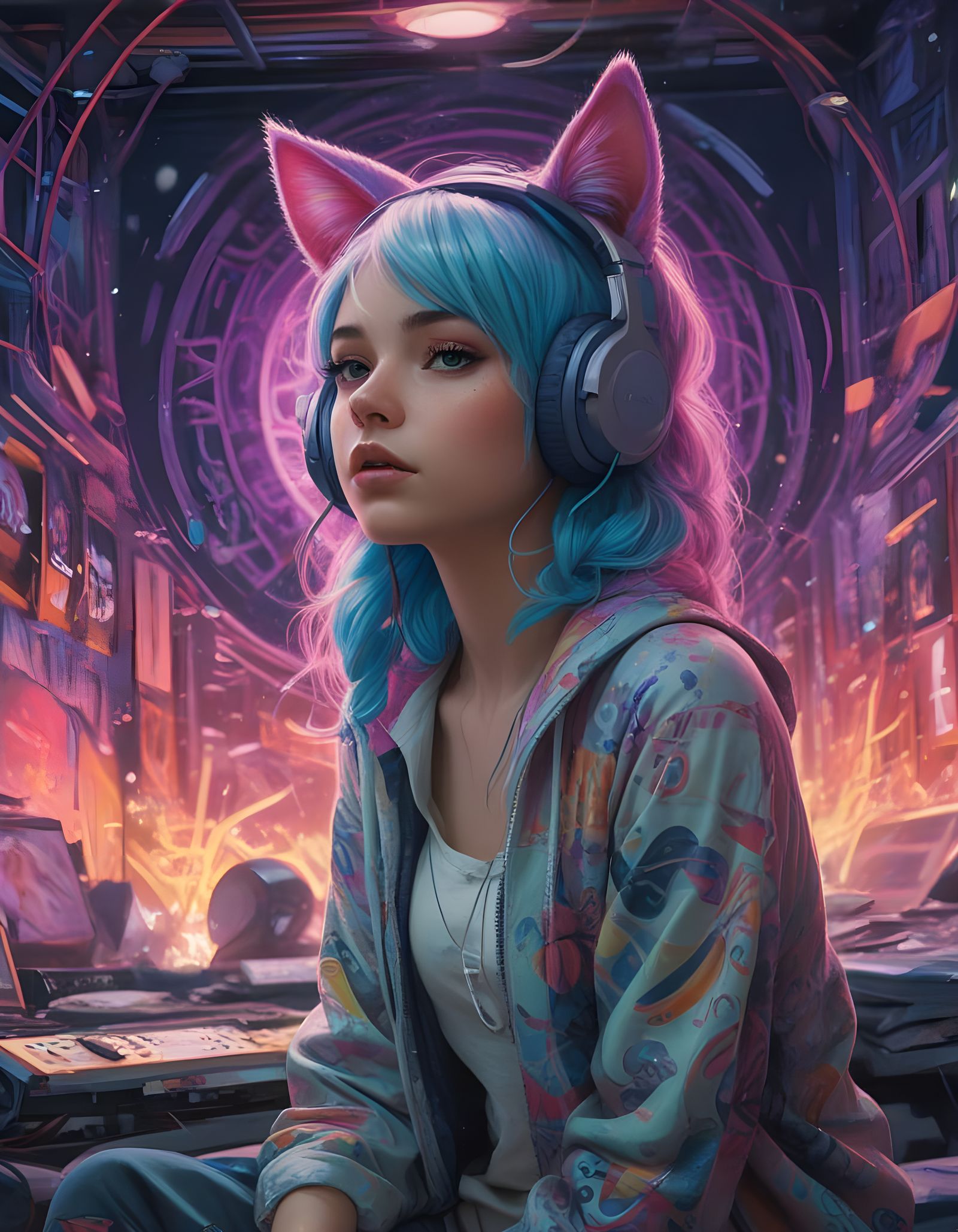 Psychedelic Anime Girl Lost in Vibrant Rhythm