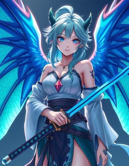 Anime Woman with Dragon Wings in Cel-Shaded Style