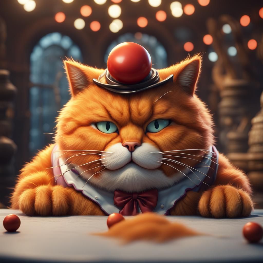 Cartoon Garfield with Red Nose, Detailed Digital Painting