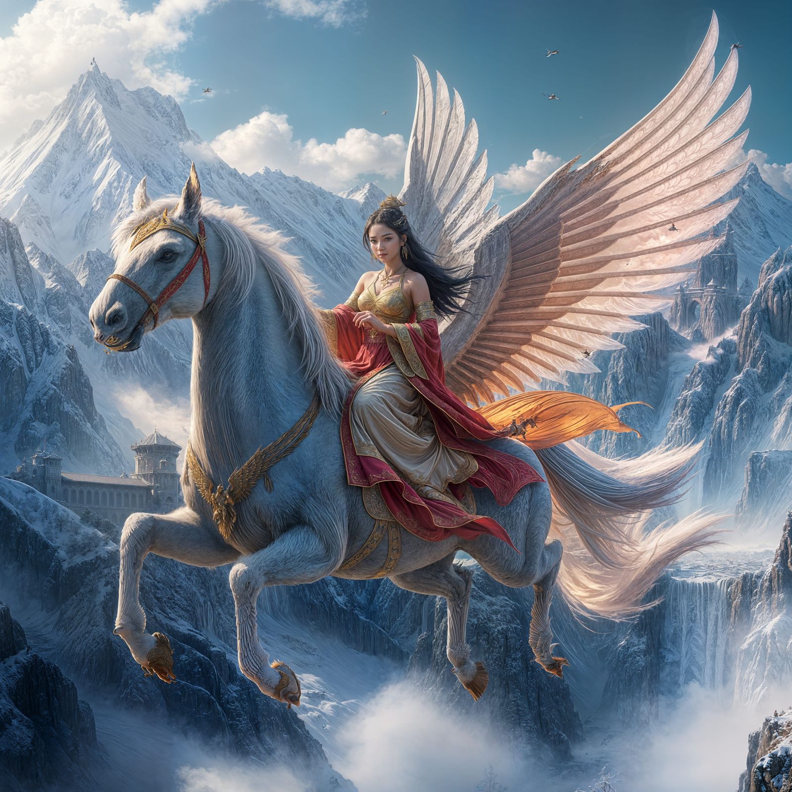 Asian Princess on Pegasus Flying to Castle