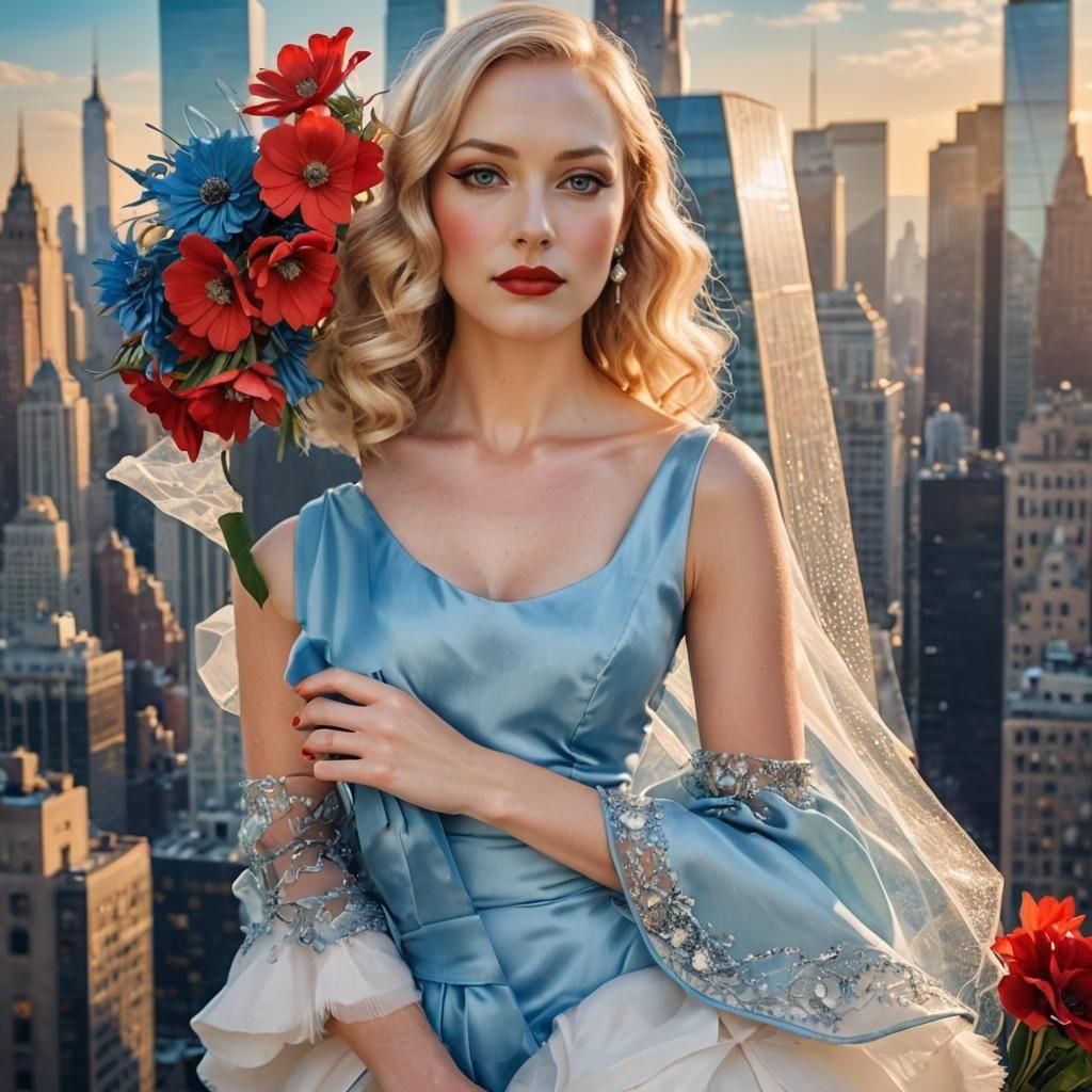 Art Deco Woman with Flowers, Manhattan Backdrop
