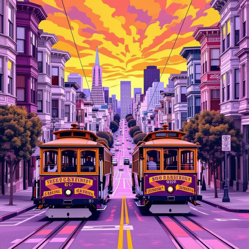 San Francisco Streetscape in Retro Tie-Dye Style