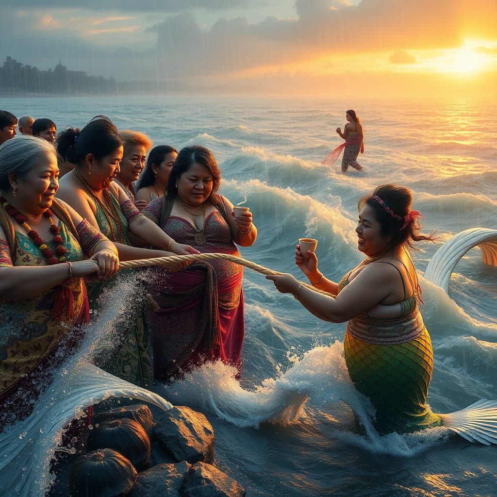 Dynamic Tug-of-War with Mermaid Judge in Maximalist Style