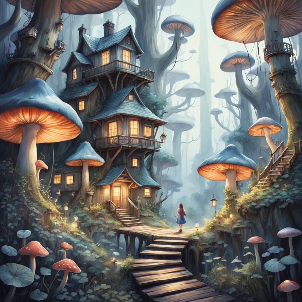Enchanted Forest Village with Glowing Mushrooms