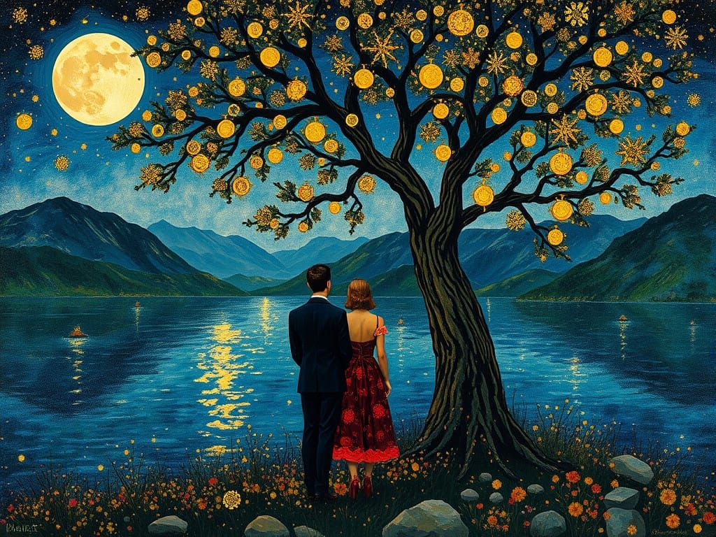 Golden Tree Whimsy in a Vibrant Moonlit Landscape