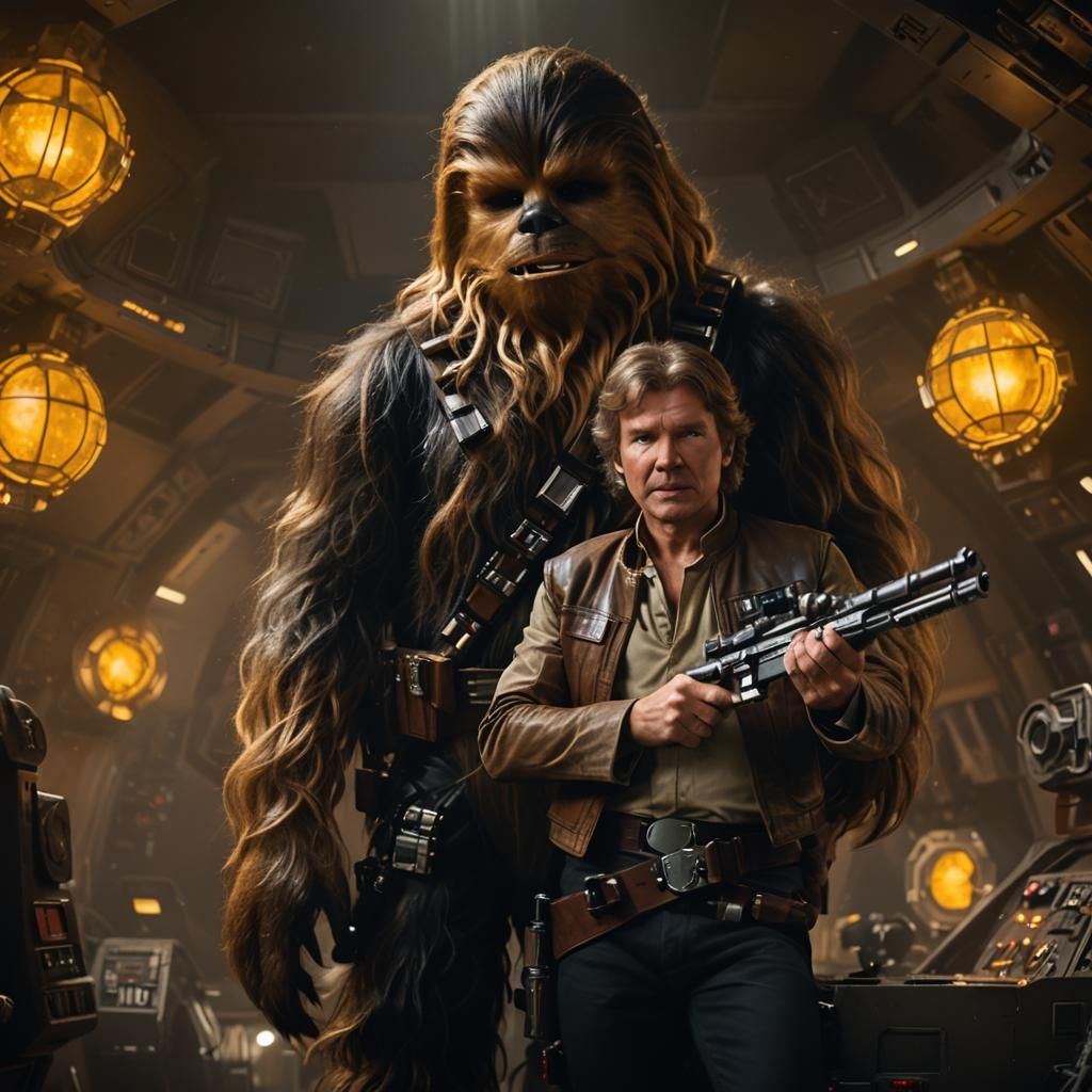 Han Solo with Chewbacca on the Millennium Falcon