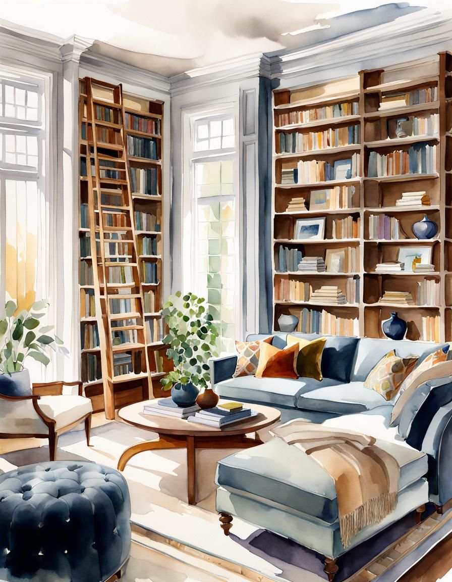 Cozy Living Room with Bookshelves in Watercolor Style