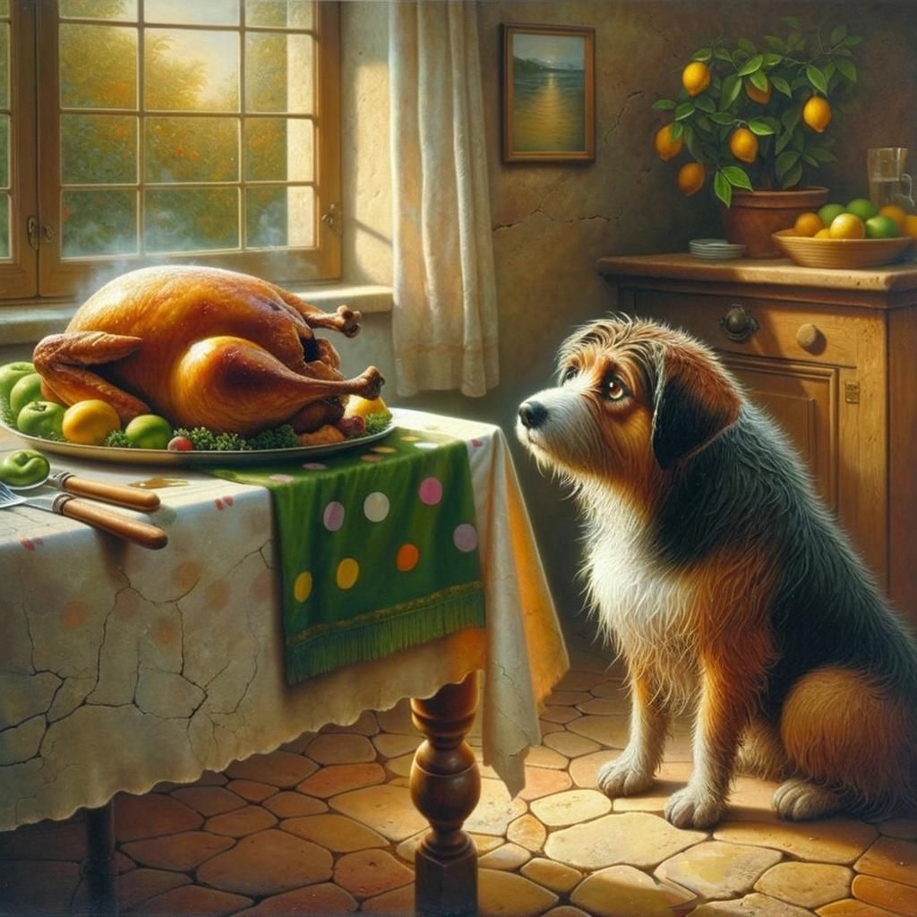 Dog's Desire: Painting of Dog and Chicken