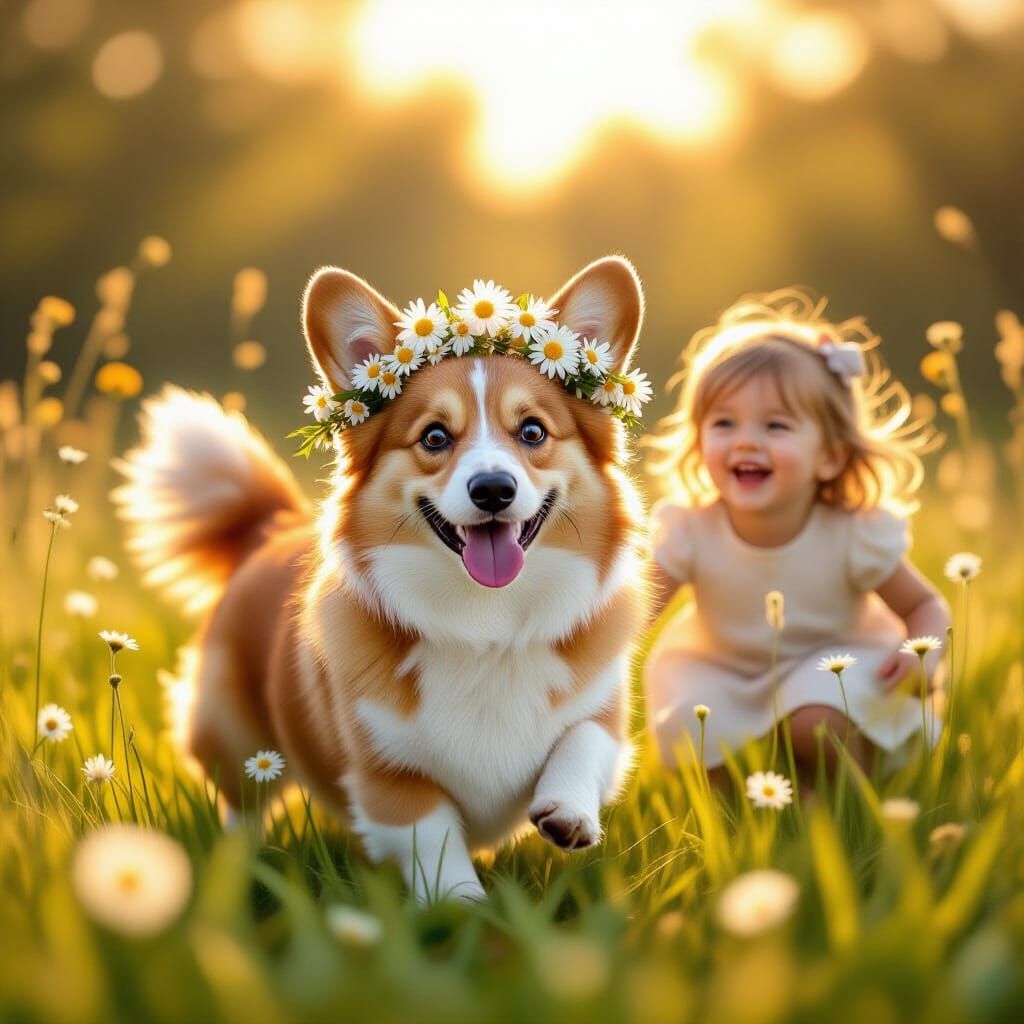 Playful Corgi with Daisy Crown and Girl in Meadow