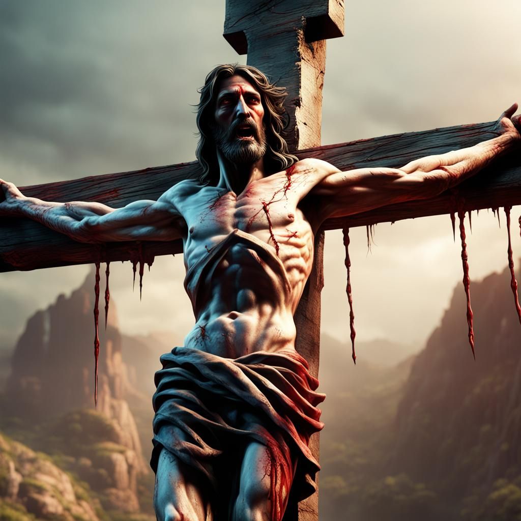Realistic Scourged Jesus on the Cross: Detailed Matte Painti...
