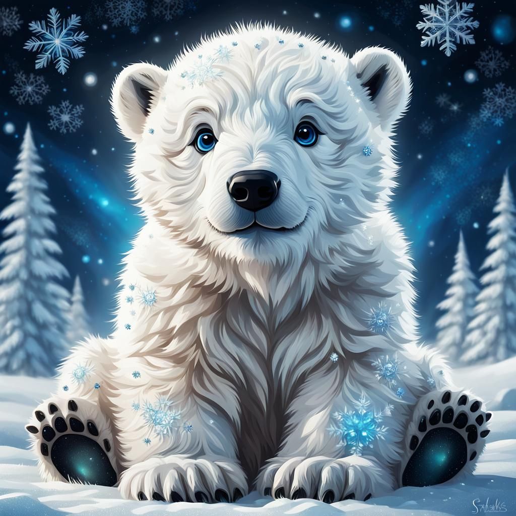 Cute Baby Polar Bear in Snowy Night: 3D Digital Art