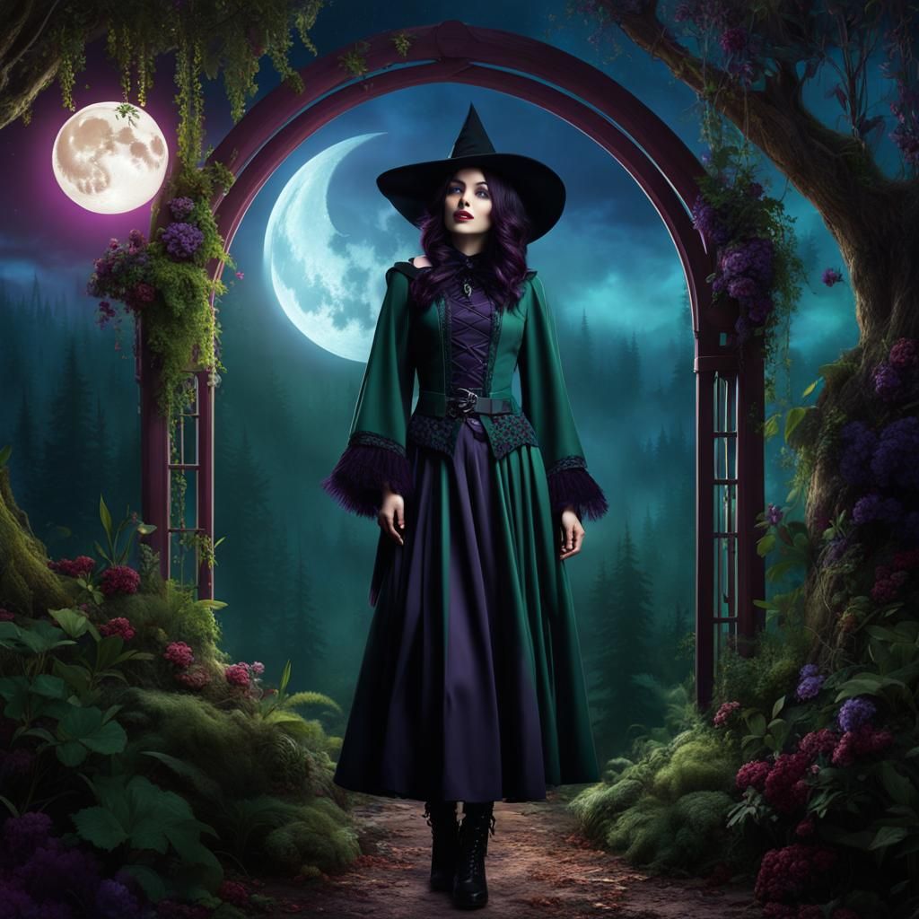 Whimsigoth Witch with Moon in Digital Matte Painting