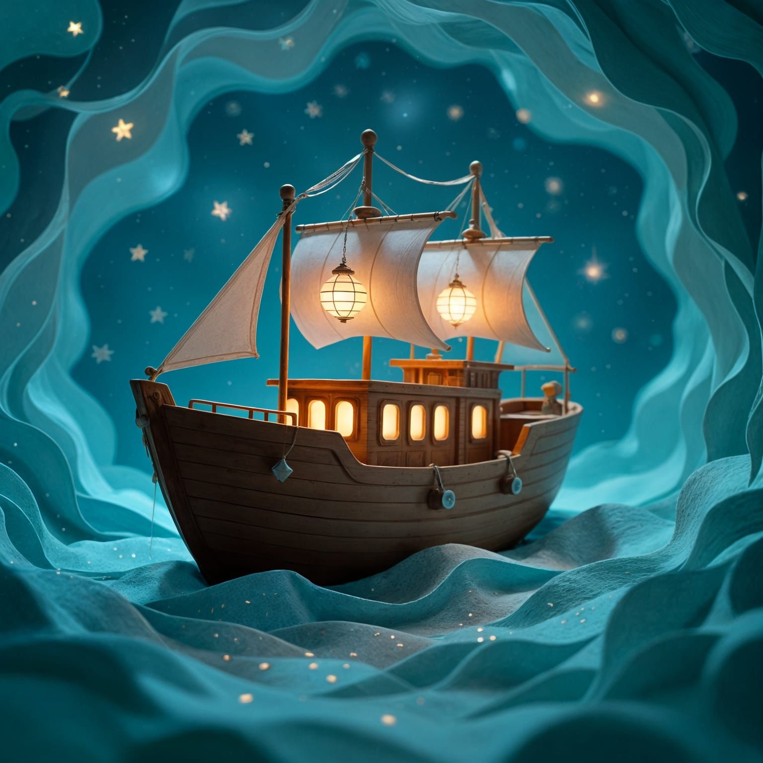 Paper Art Spaceship Drifting Through Nebula