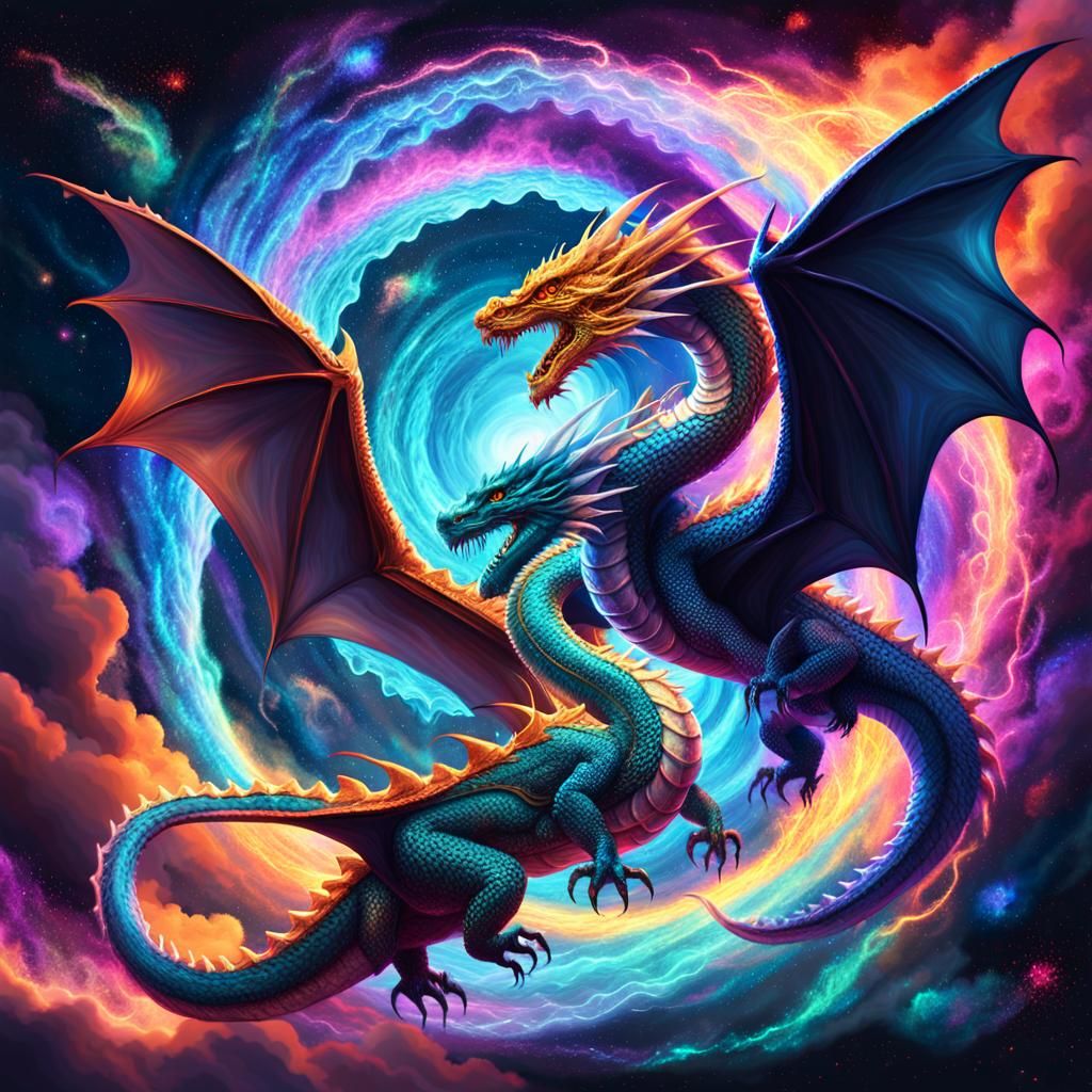 Cosmic Dragons Clash in Astral Vortex: Digital Illustration