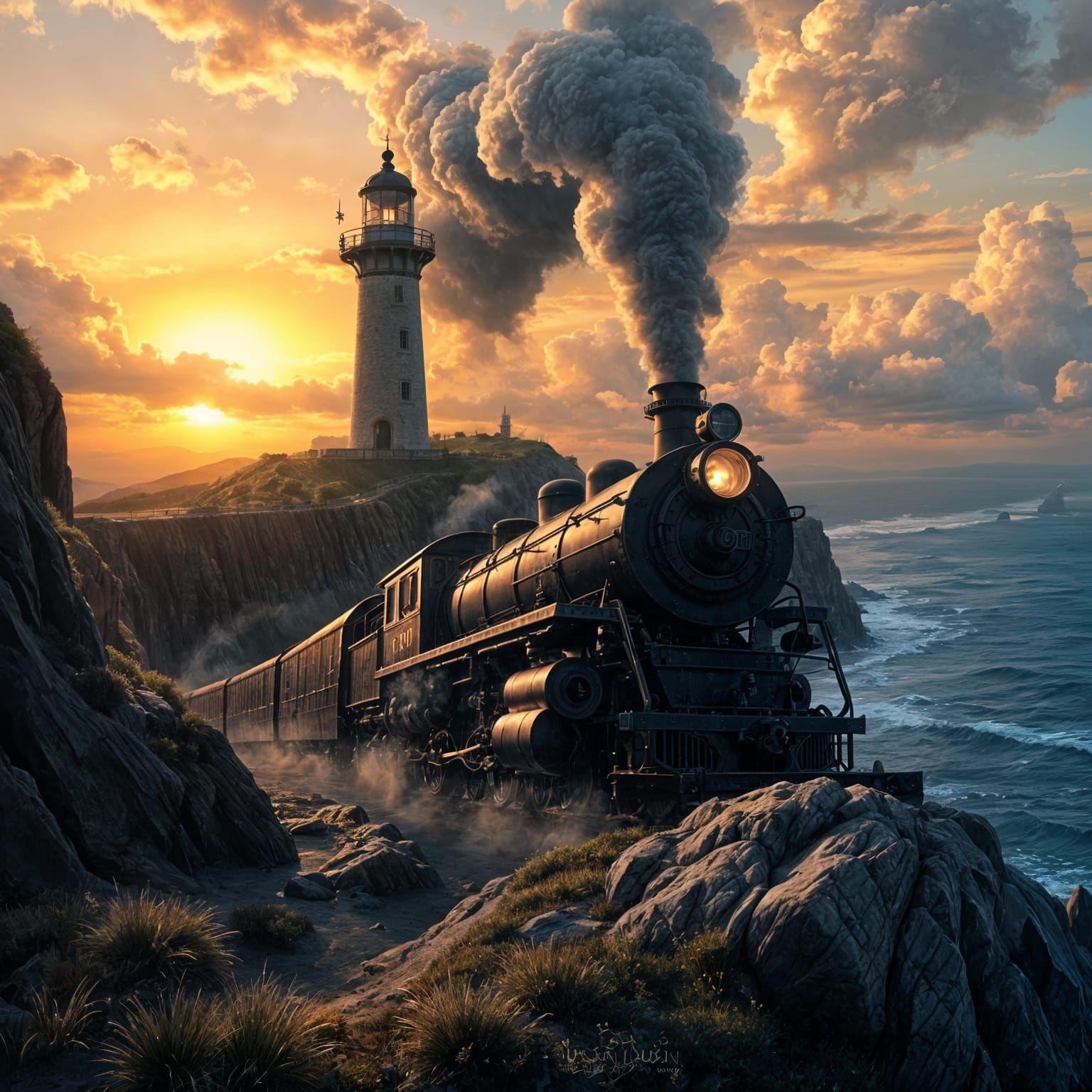 Vintage Locomotive Descends to Majestic Beachside Lighthouse