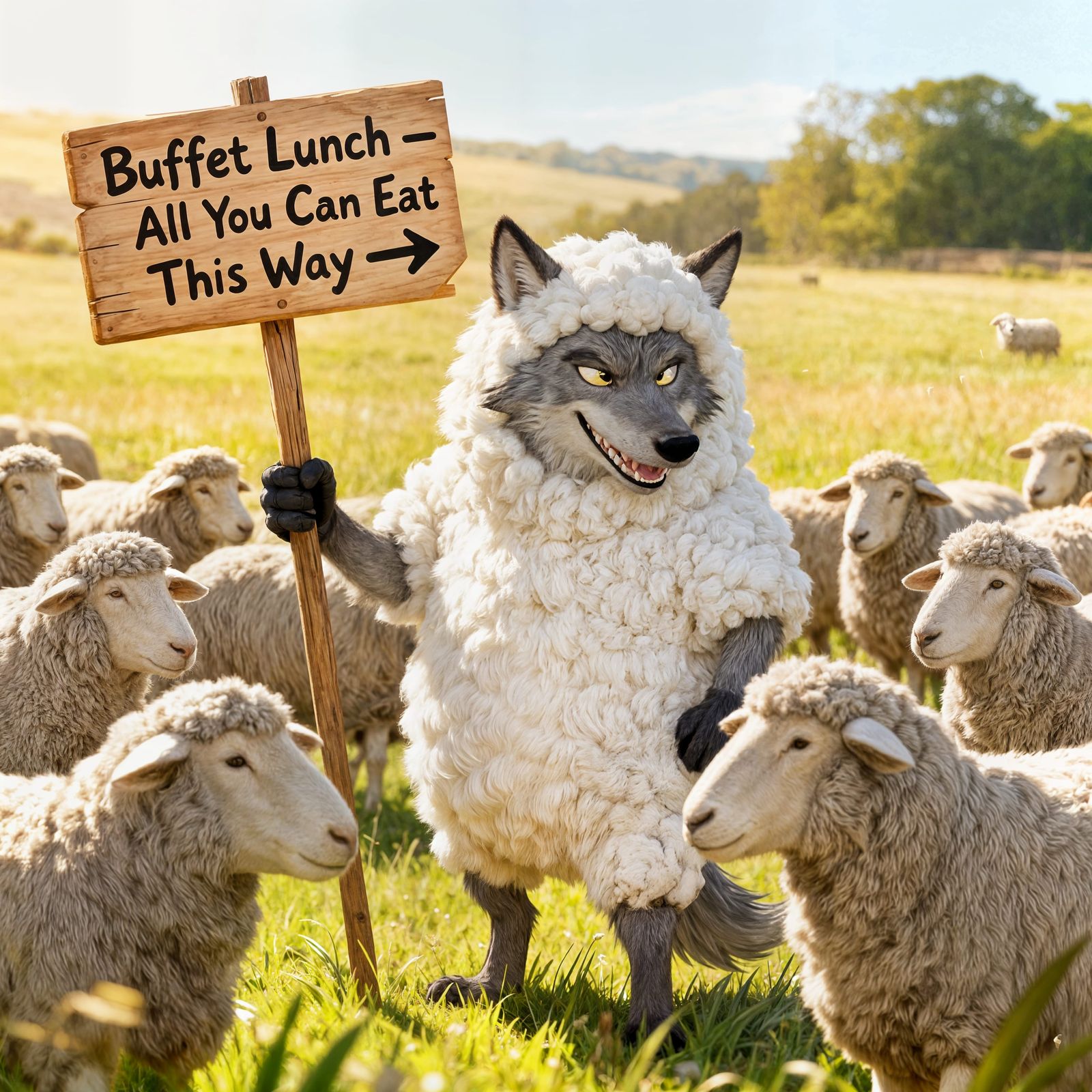 Mischievous Wolf in Sheep Costume Offers Buffet Lunch