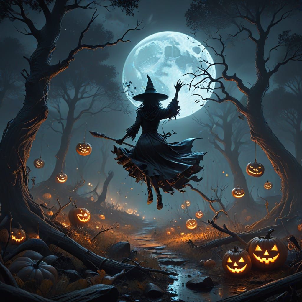 Spooky Forest Witch Flies on Broomstick Oil Painting