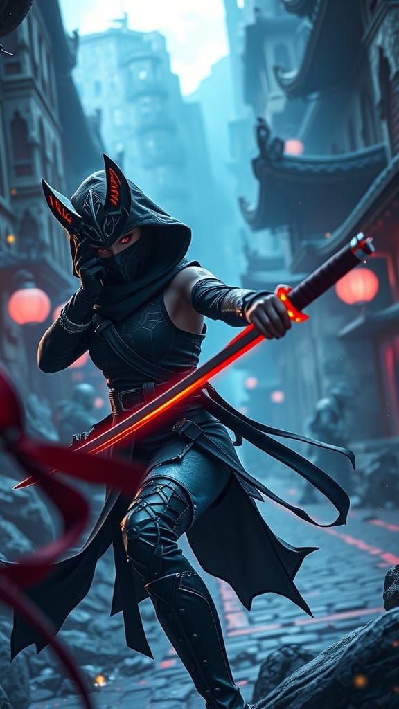 Fantasy Ninja Lady in High-Tech Setting