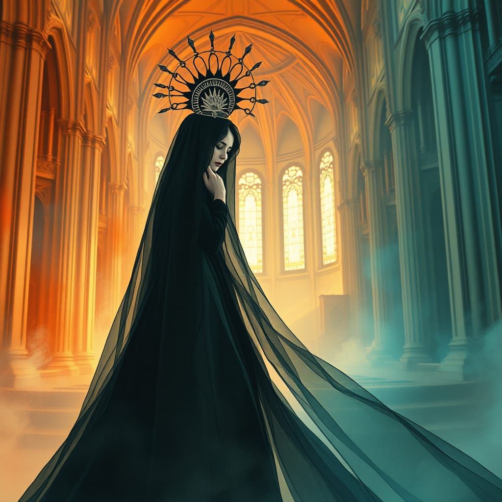 Sorrowful Church Lady in Elegant Watercolor