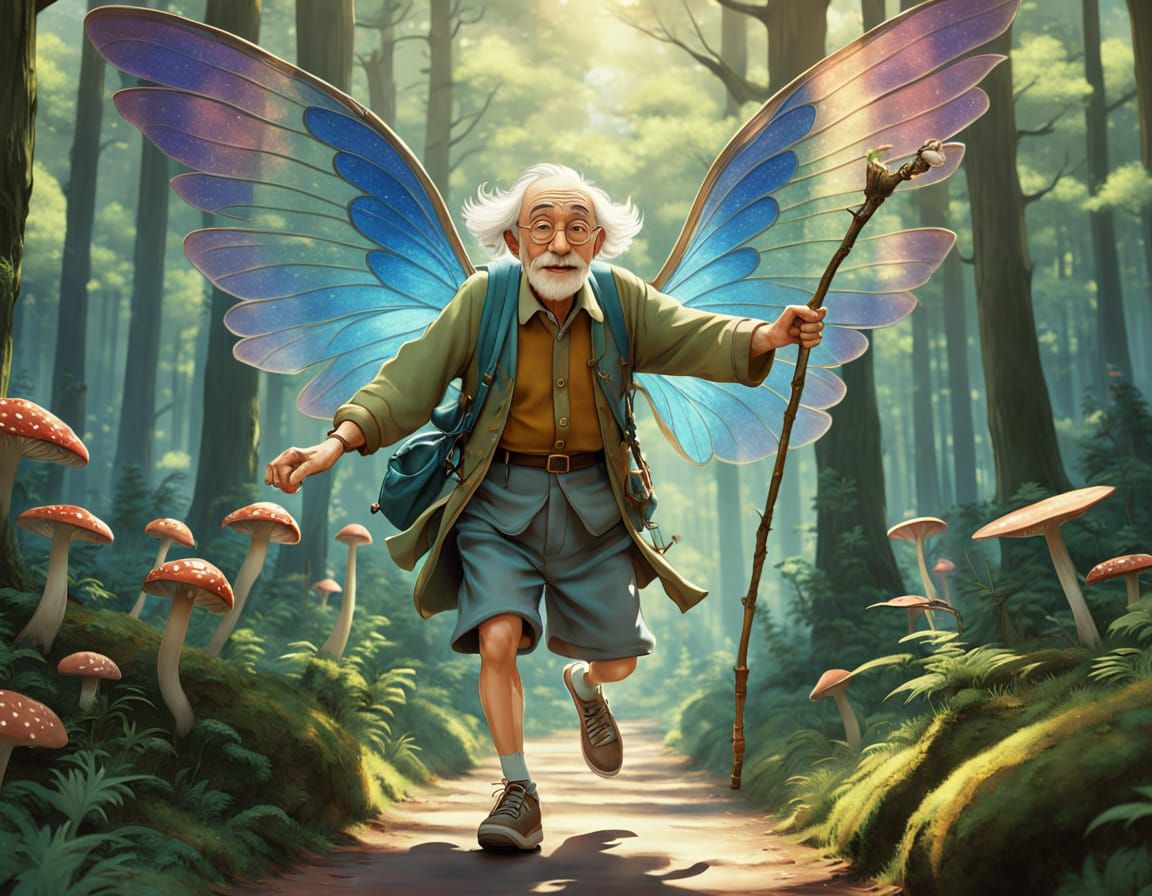 Joyful Grandfather Fairy Skateboarding in Ghibli Style