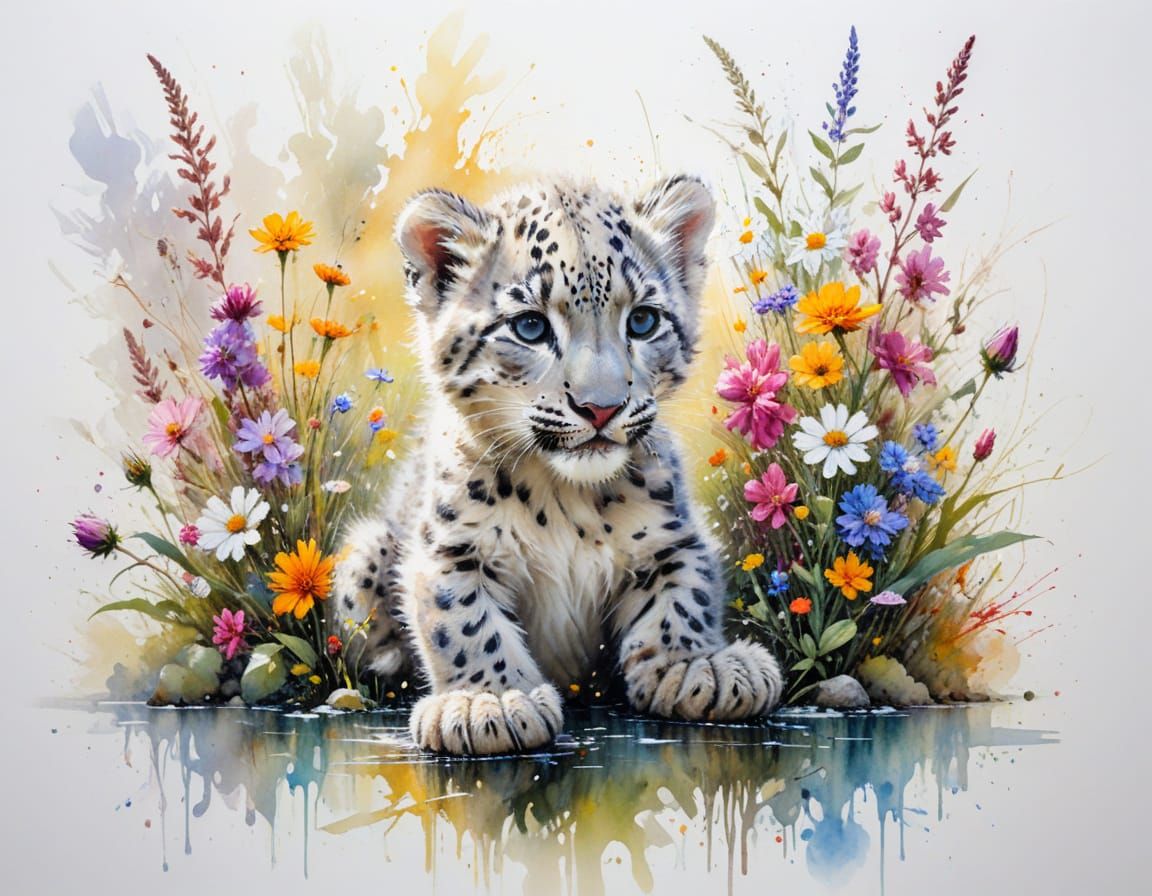 Playful Snow Leopard Cub in Sunlit River Garden