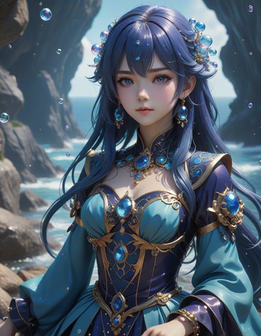 Anime Sea Witch on Rocky Shore