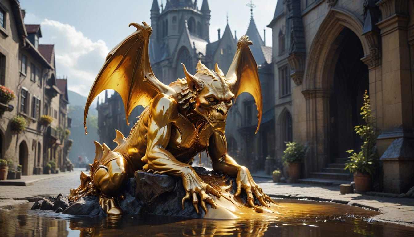 Melting Golden Gargoyle Waterfall in Surreal Style