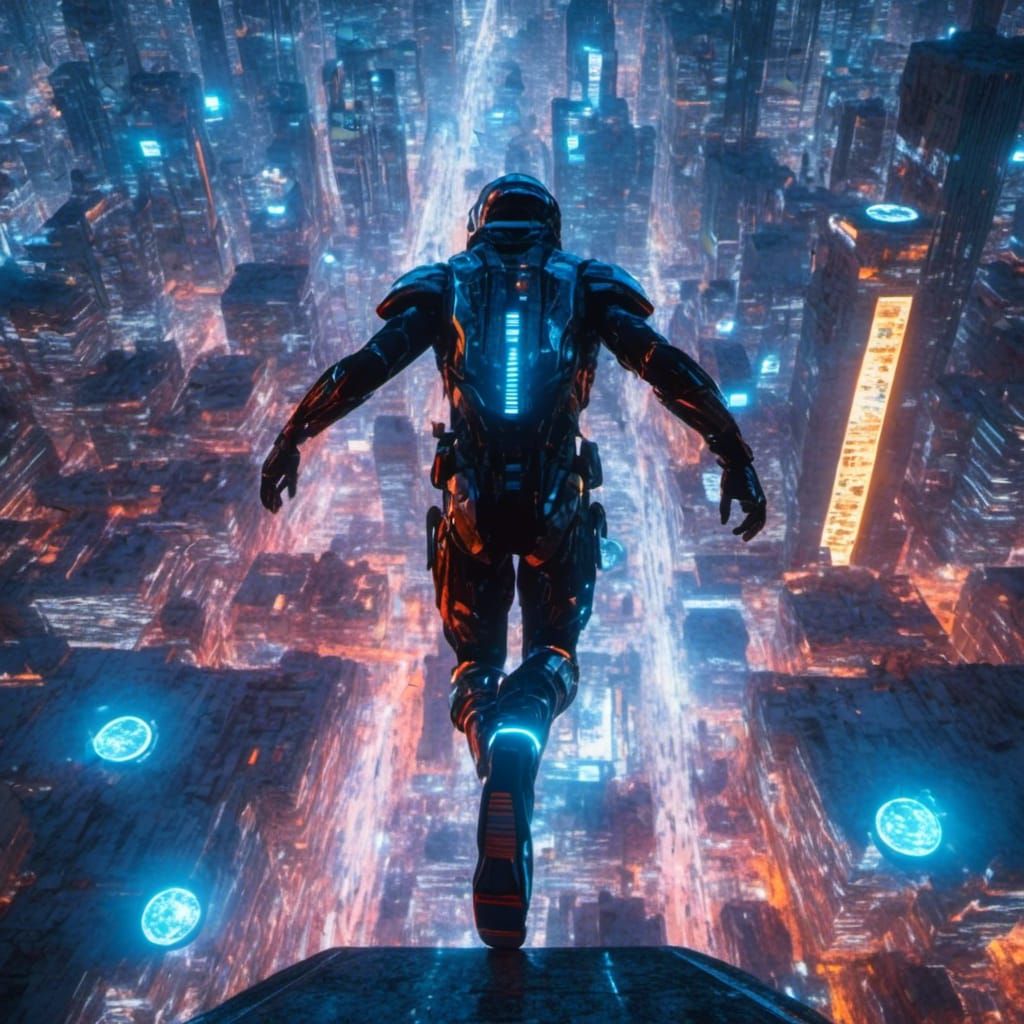 Cyborg Ninja Leaps Across Night City Rooftops