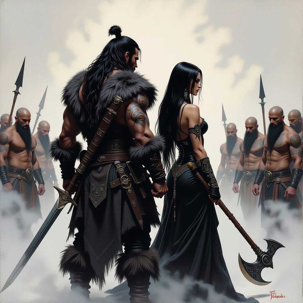 A powerful warrior in rich furs, a witch