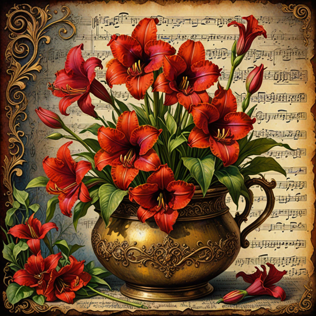 Whimsical Amaryllis in Vintage Brass Pot, Mixed Media Art