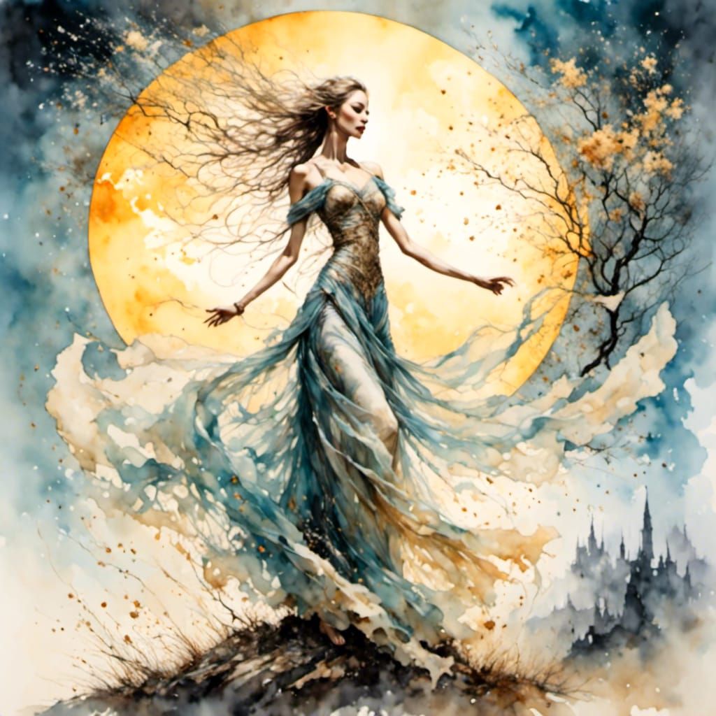 Ethereal Girl with Golden Filigree and Flowers