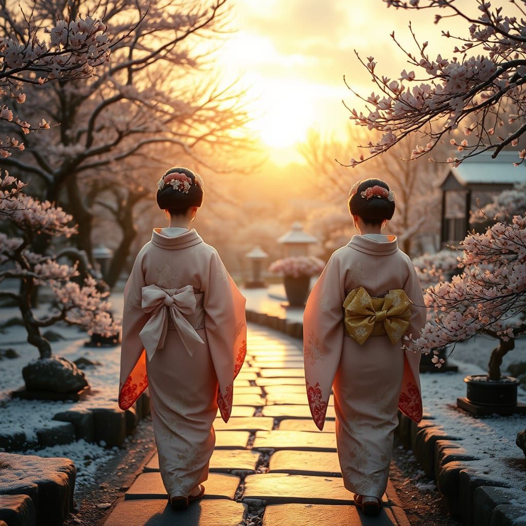 Two Geisha Girls in a Serene Japanese Garden