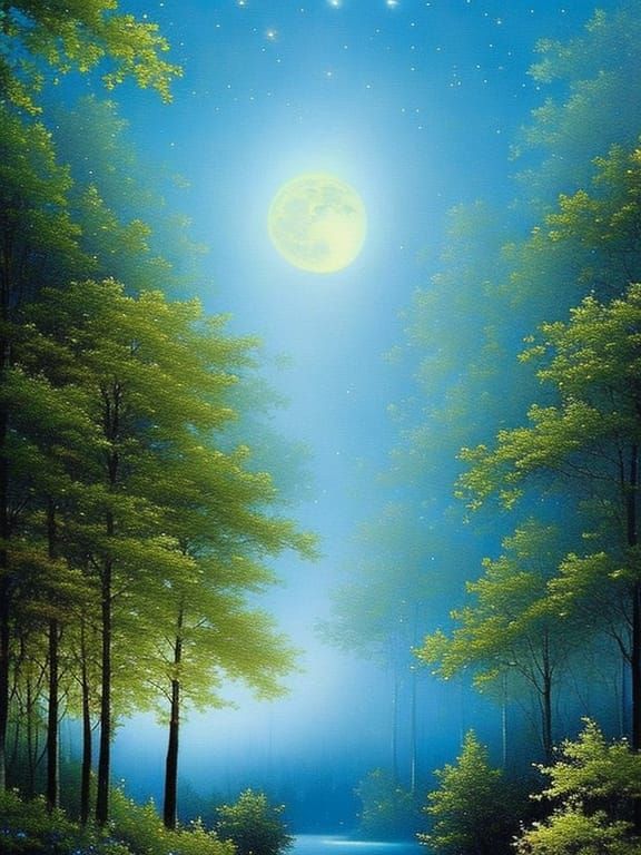 Ethereal Night Sky with Blue Moonlit Forest