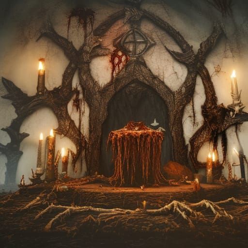 Rotting Zombie Goat Skulls on Altar in Matte Painting