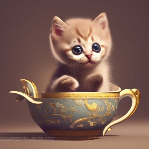 Kitten in Teacup: Detailed Fantasy Concept Art